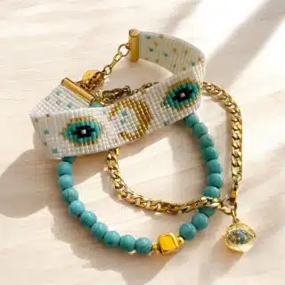 Namaste white beaded crescent stack