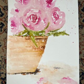 a bunch of roses in a warm beige wooden pot in watercolor paint