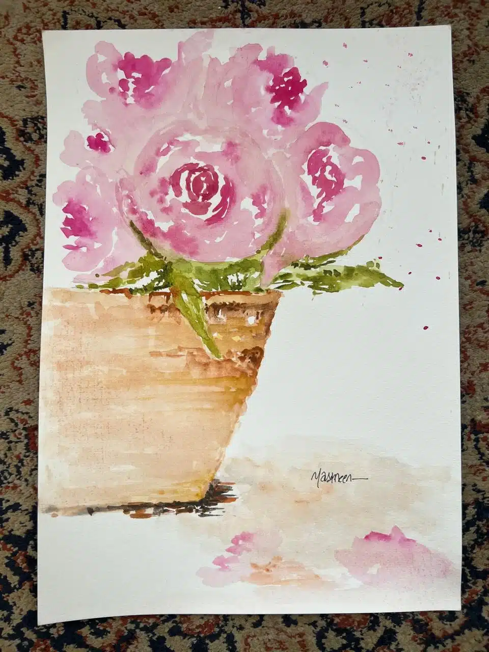 insightful cheerful Roses 1 a bunch of roses in a warm beige wooden pot in watercolor paint